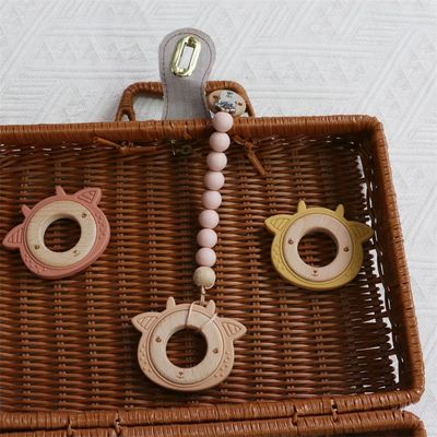 Dientes de bebé de silicona multifunción con anillo de madera de dientes adjustables con patrón animal