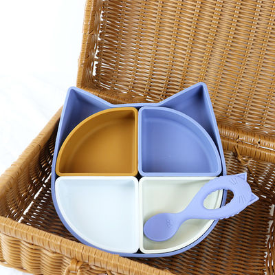 Conjunto de vajilla de silicona en forma de gato, plato de silicona dividido en forma de gato cuchara en forma de gato libre de BPA no tóxico