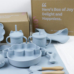 Paquete de caja personalizado para niños pequeños Silicone Set de vajilla con copa plato tazón cuchara de horquilla bib