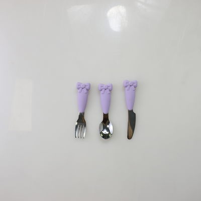 Juego de alimentación con cuchillo y tenedor con mango de silicona y cuchara para bebé de acero inoxidable Bow Know