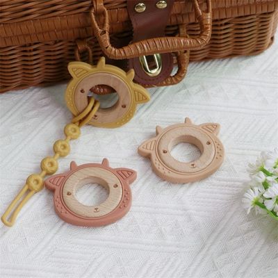 Dientes de bebé de silicona multifunción con anillo de madera de dientes adjustables con patrón animal