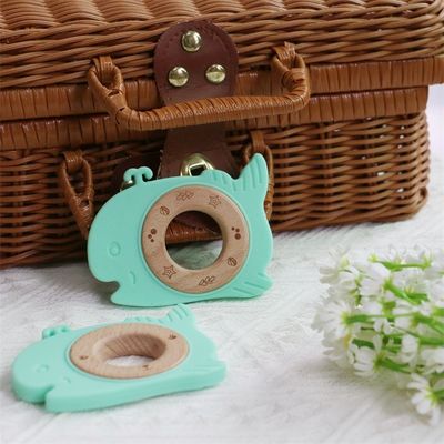 Dientes de bebé de silicona sin BPA con anillo de madera para bebés